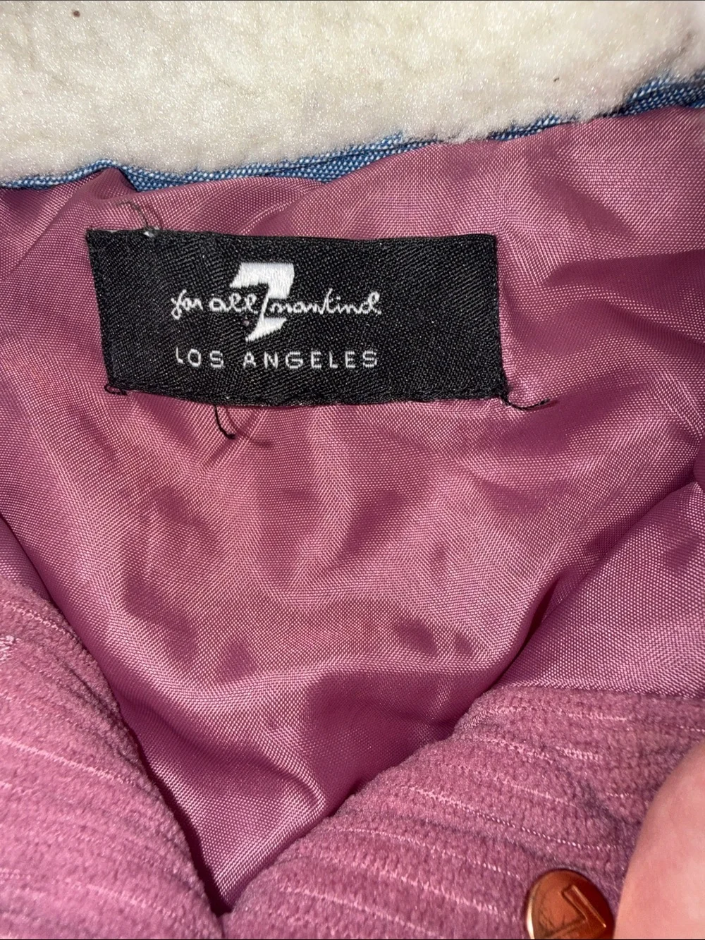 7 For All Mankind Pink Corduroy Puffer Jacket with Cream Sherpa Collar